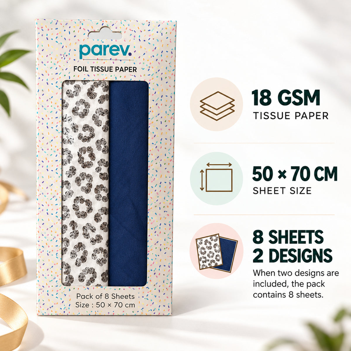 Pack of 8 Wild Leopard Luxury Foil Design & Plain Navy Blue 50 x 70 cm Tissue Sheets - Christmas Birthday Any Occasion
