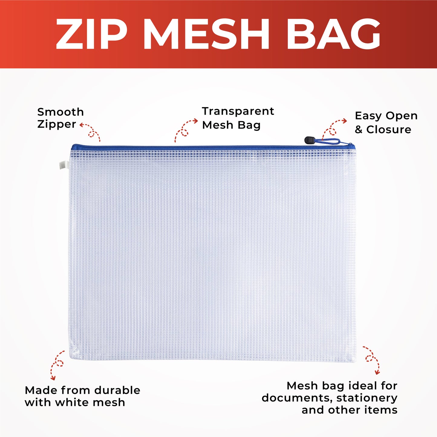 Pack of 12 A5 Blue Zip Strong Mesh Bags - Tough Waterproof Storage