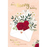Nanny Birthday Card with Red Roses, Pink and Gold Foil Design