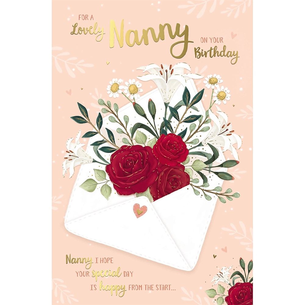 Nanny Birthday Card with Red Roses, Pink and Gold Foil Design
