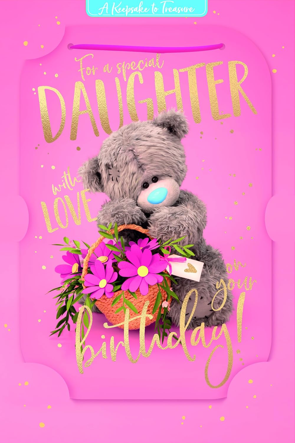 Bear And Basket Of Flowers 3D Photo Finish Keepsake Wonderful Friend Luxury Birthday Card
