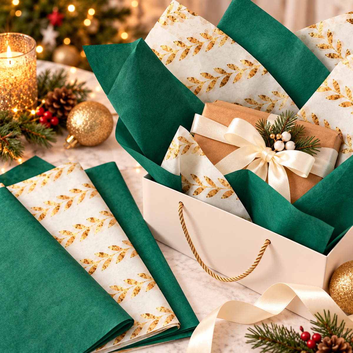 Pack of 8 Garden Bands Luxury Gold Foil Design & Plain Green 50 x 70 cm Tissue Sheets - Christmas Winter Celebrations Wedding Anniversary