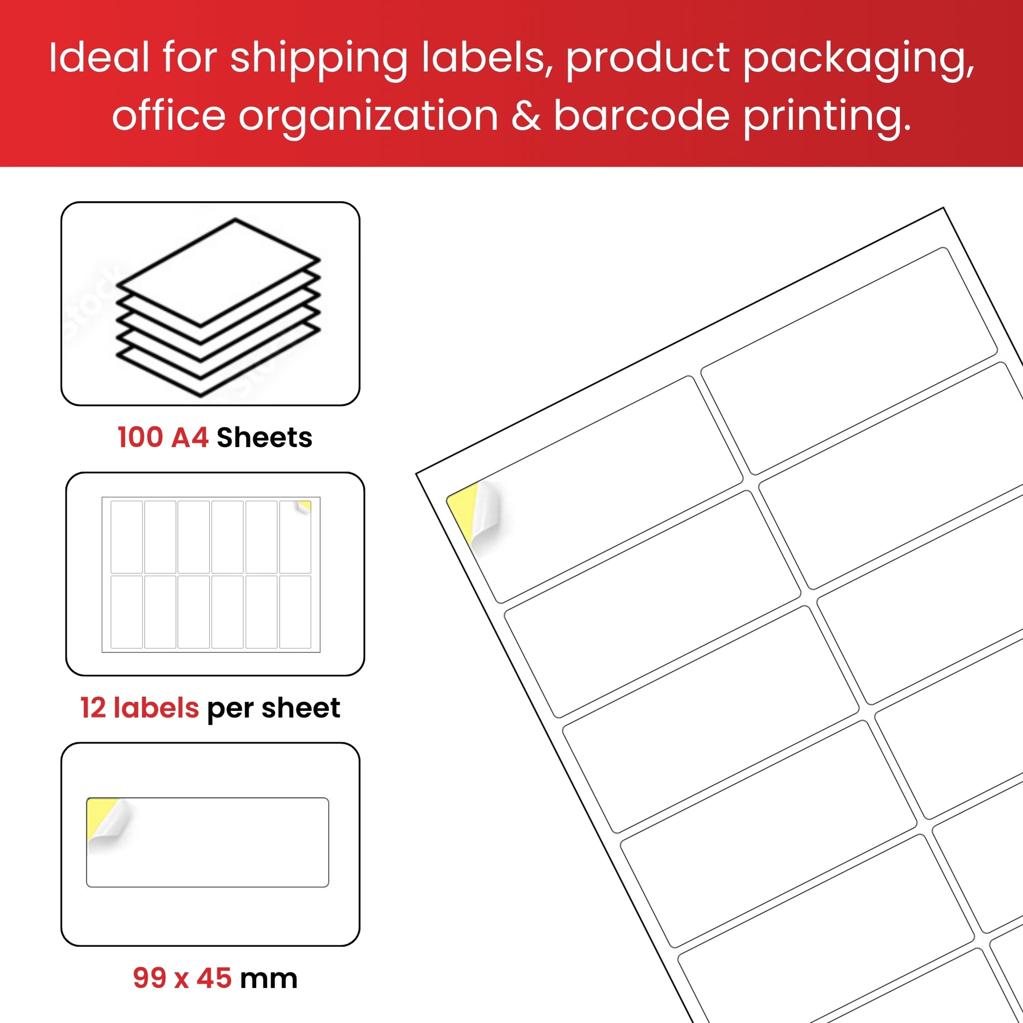 Pack of 1200 White 99x45mm Self Adhesive Labels (12 Labels per A4 Sheet)
