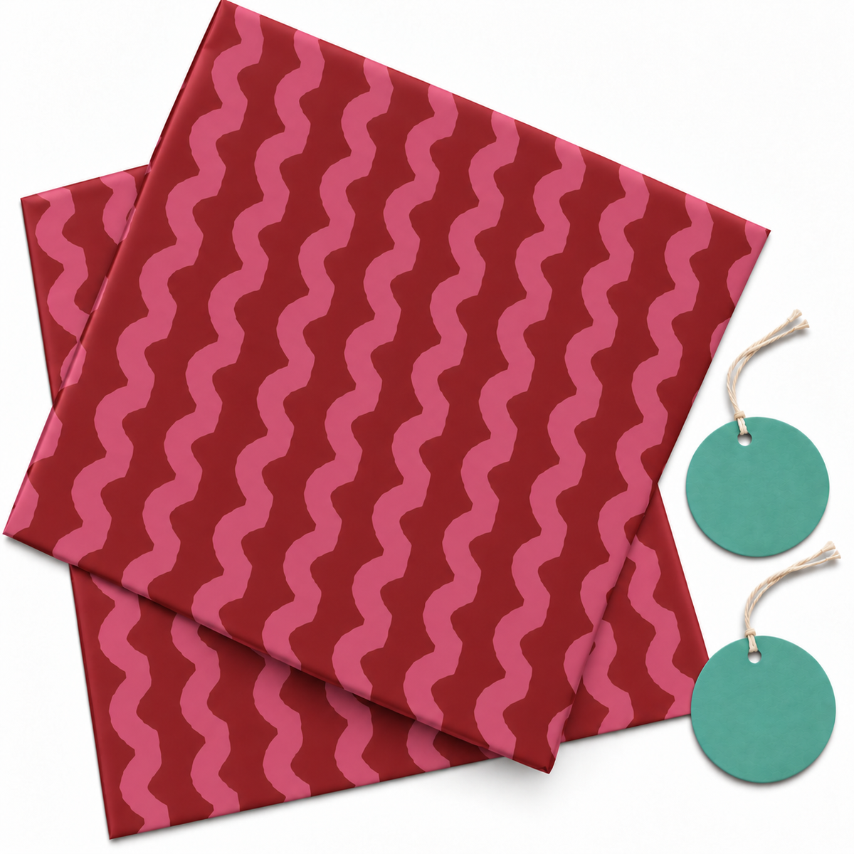 Pack of 2 Cherry Waves Design 50 x 70 cm Gift Wrap Sheets with 2 Tags - Christmas Birthdays Kids Party Holiday Gifting