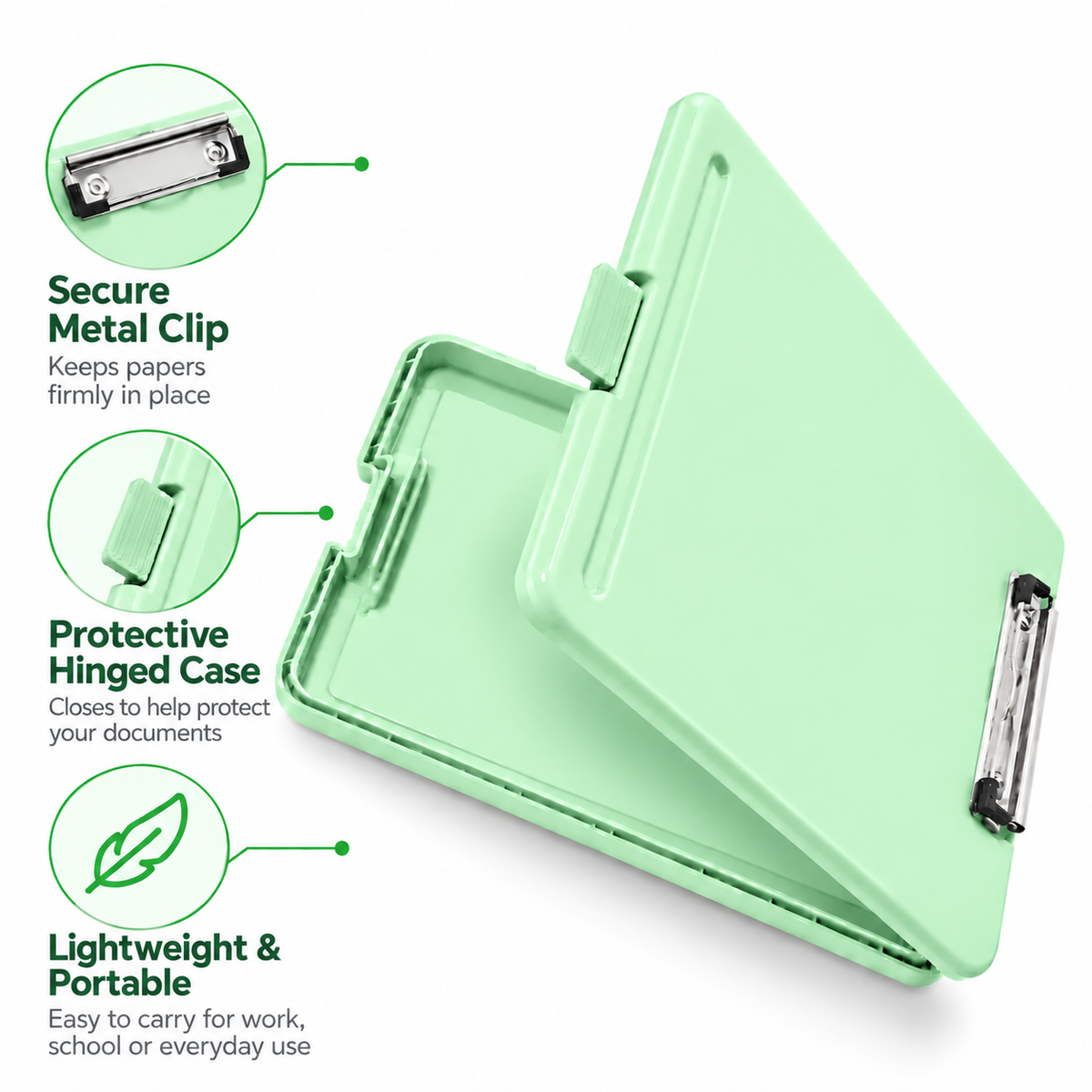 Single A4 Pastel Green Plastic Clipboard Box File - Storage Filing Case