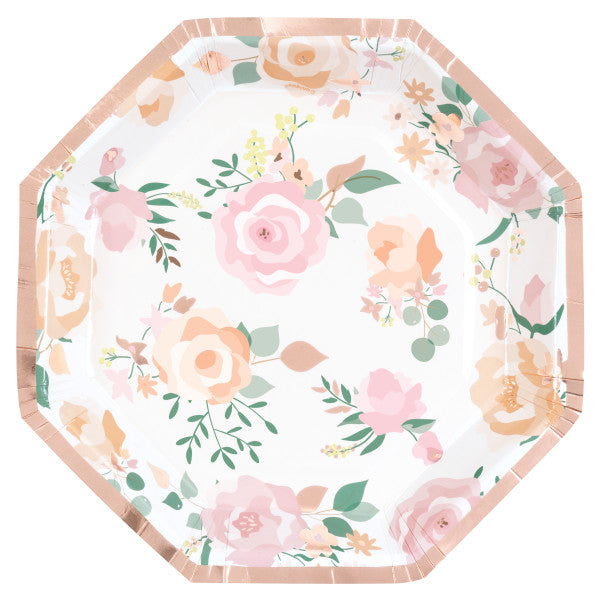Pack of 8 Pink Blooms Octagon Shaped 8.25" Plates with Foil Stamping {DC}