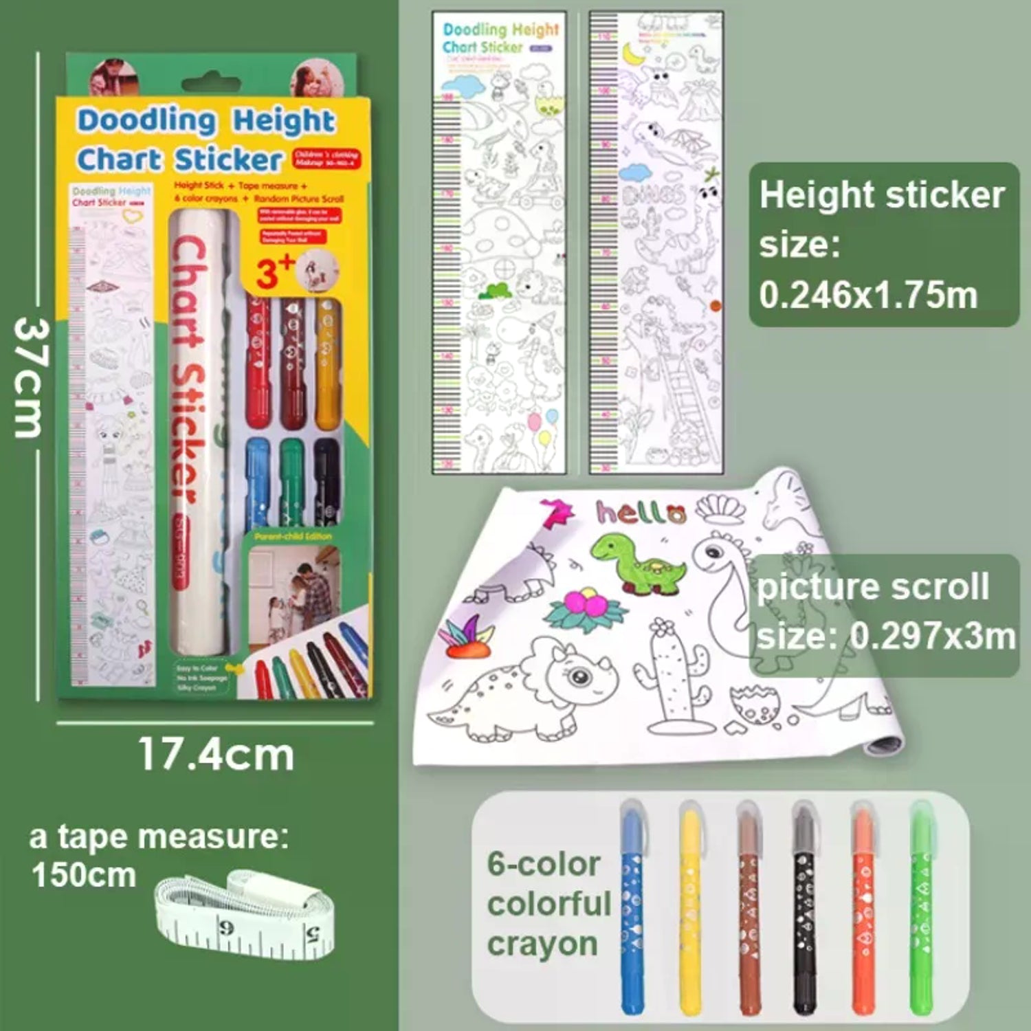 Doodling Height Chart Sticker And Picture Scroll with Removable Glue