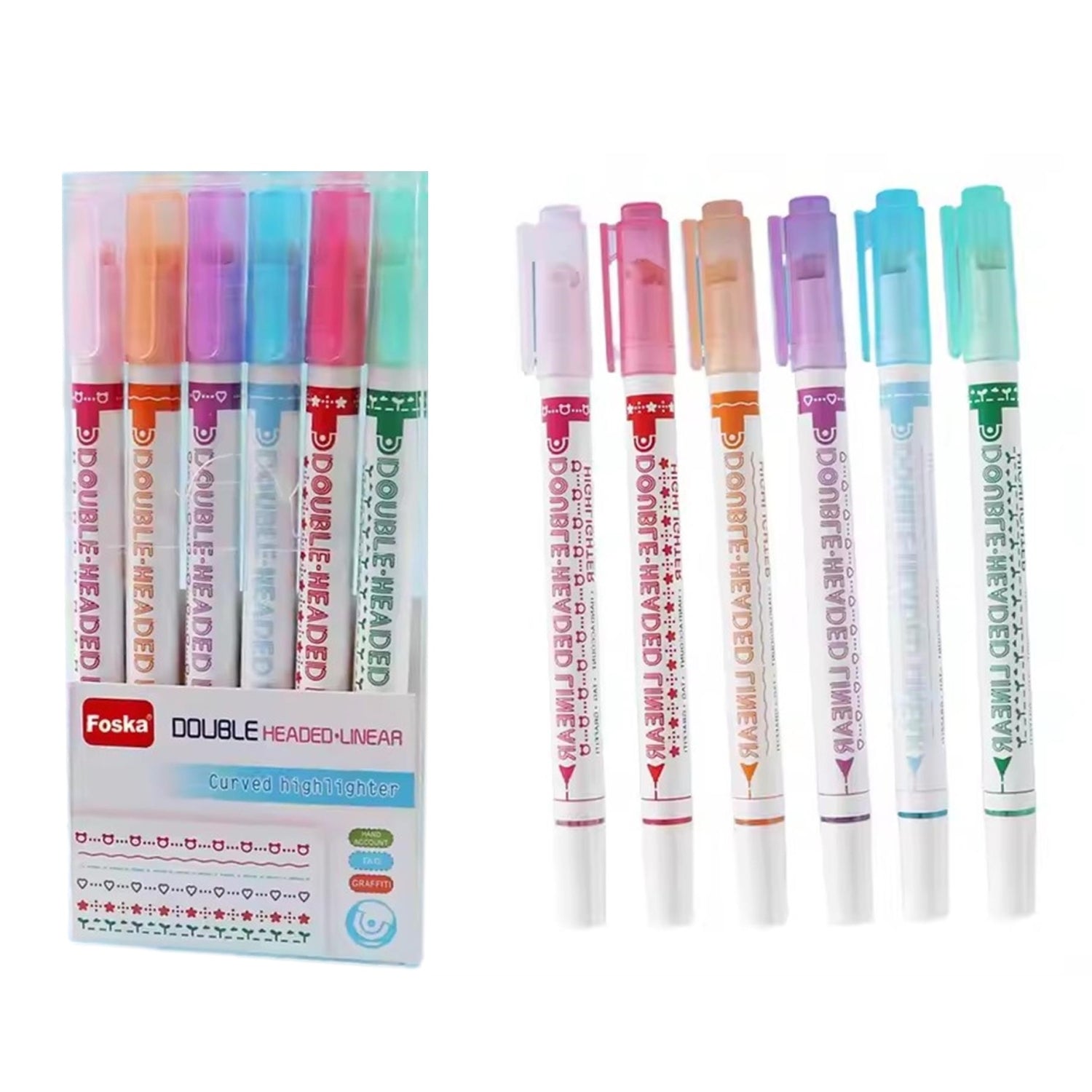 Pack of 6 Double Headed Linear Curved Highlighters