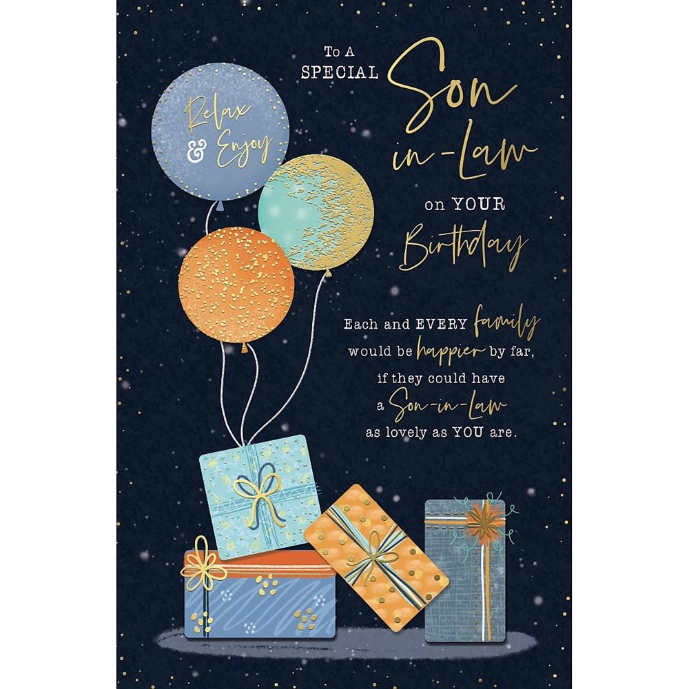 Son in Law Birthday Card Balloons and Gifts Design 