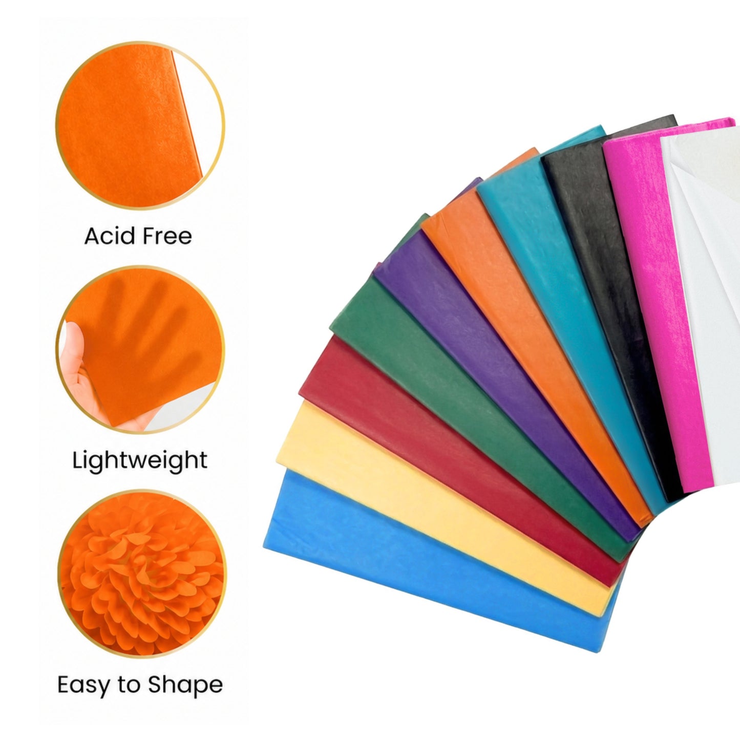 Pack of 10 Assorted Coloured Acid Free 50 x 70cm Tissue Paper Sheets