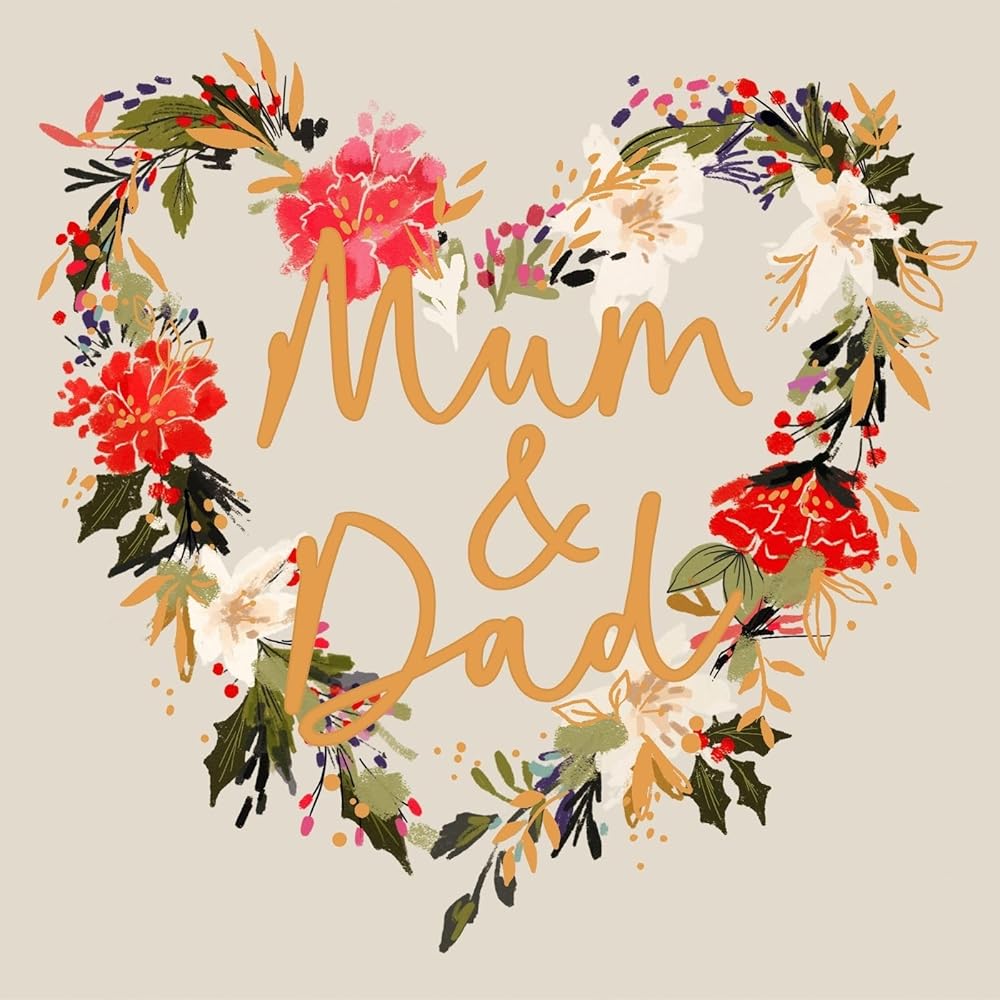 Gold Foiled Festive Heart Wreath Mum & Dad Christmas Card