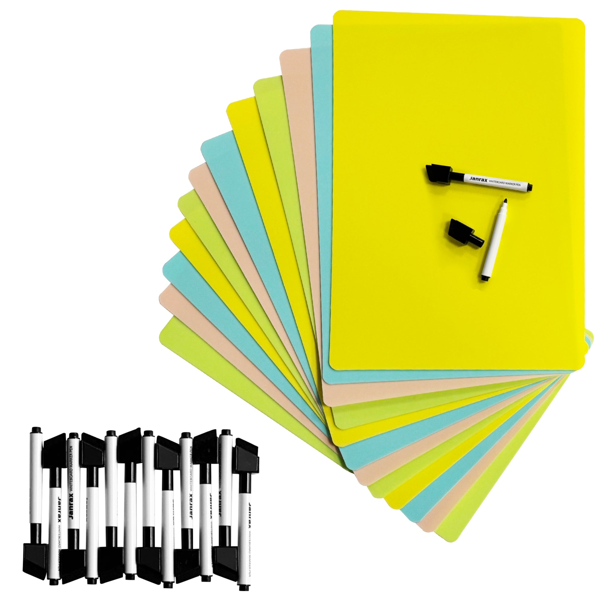 Pack of 12 A4 Assorted Coloured Whiteboards with 12 White Board Marker Pens