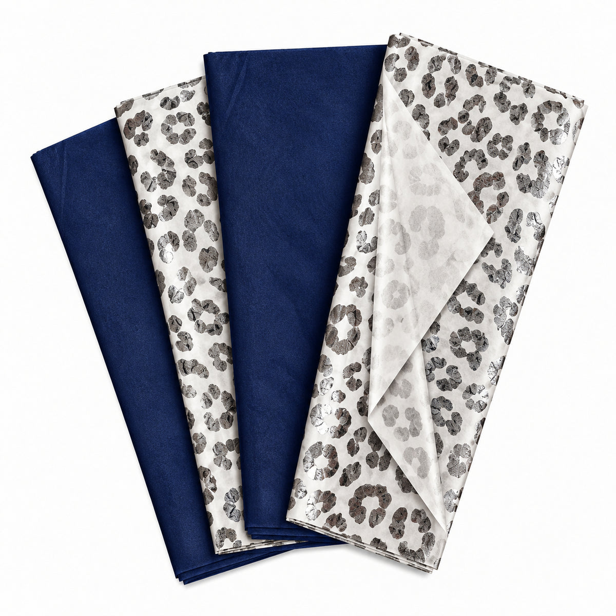 Pack of 8 Wild Leopard Luxury Foil Design & Plain Navy Blue 50 x 70 cm Tissue Sheets - Christmas Birthday Any Occasion