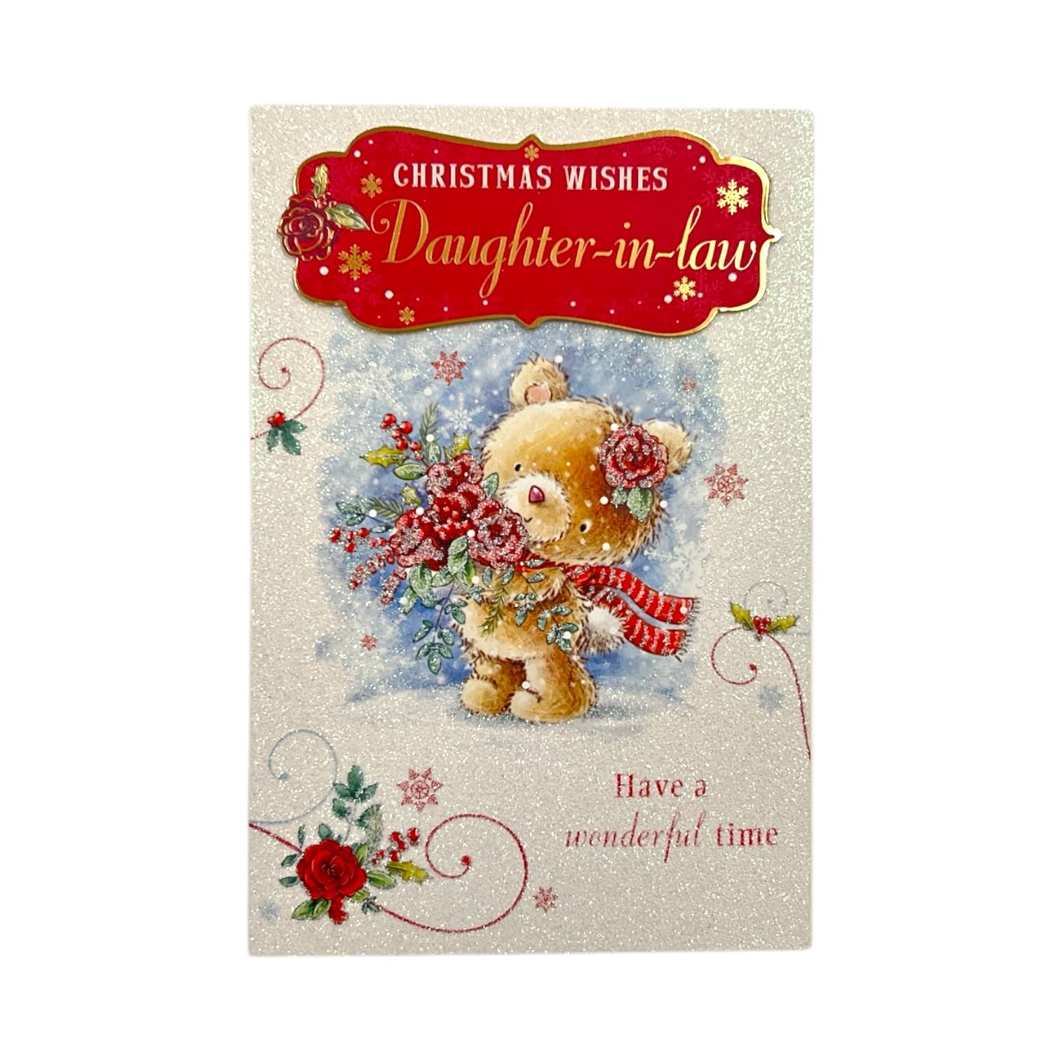 Teddy With Bunch of Flowers Design Daughter In Law Christmas Card