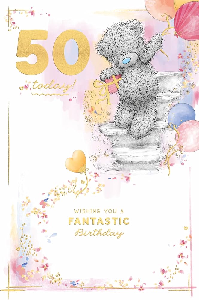 Bear Walking Down Steps With Gift Embellished 50th Birthday Card
