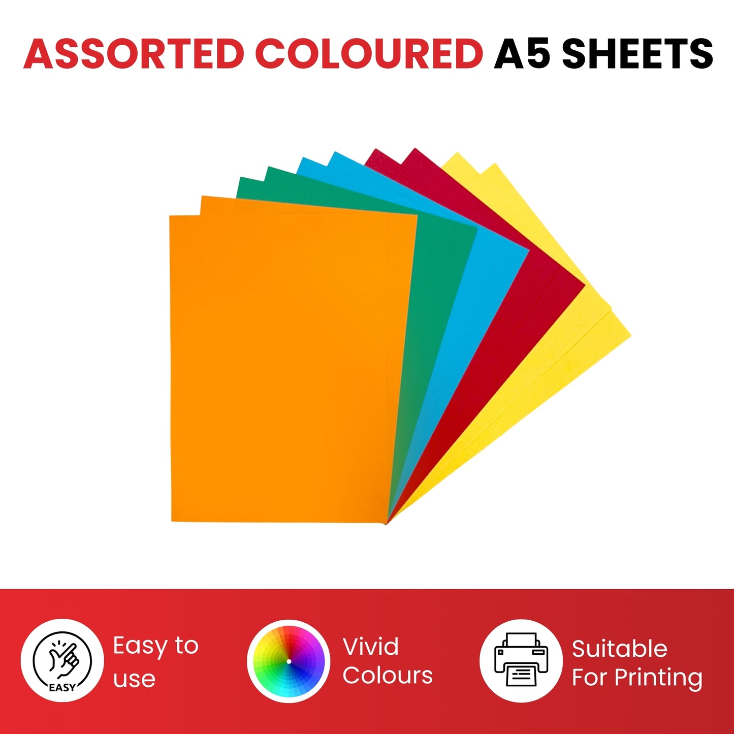 Pack of 50 A5 Assorted Primary Coloured Card 160gsm Sheets