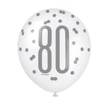 Pack of 6 Birthday Glitz Black, Silver, & White Number 80 12" Latex Balloons