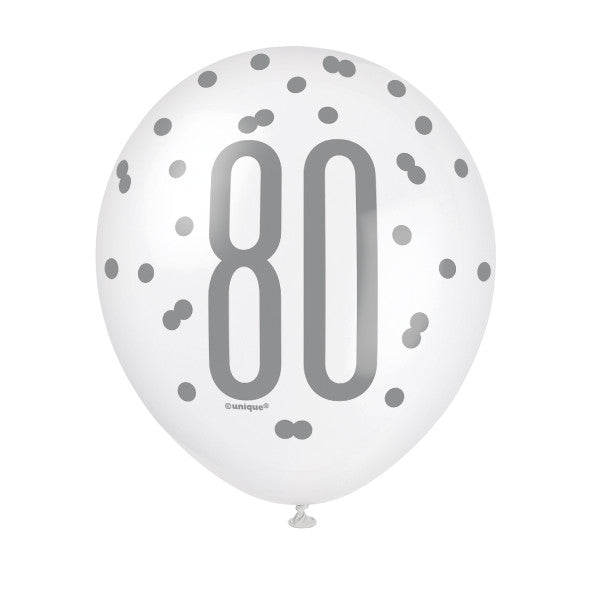 Pack of 6 Birthday Glitz Black, Silver, & White Number 80 12" Latex Balloons