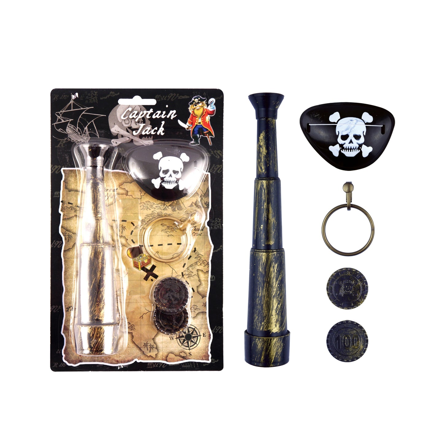 Pirate Party Set Telescope, Eye patch, Earring & Coins