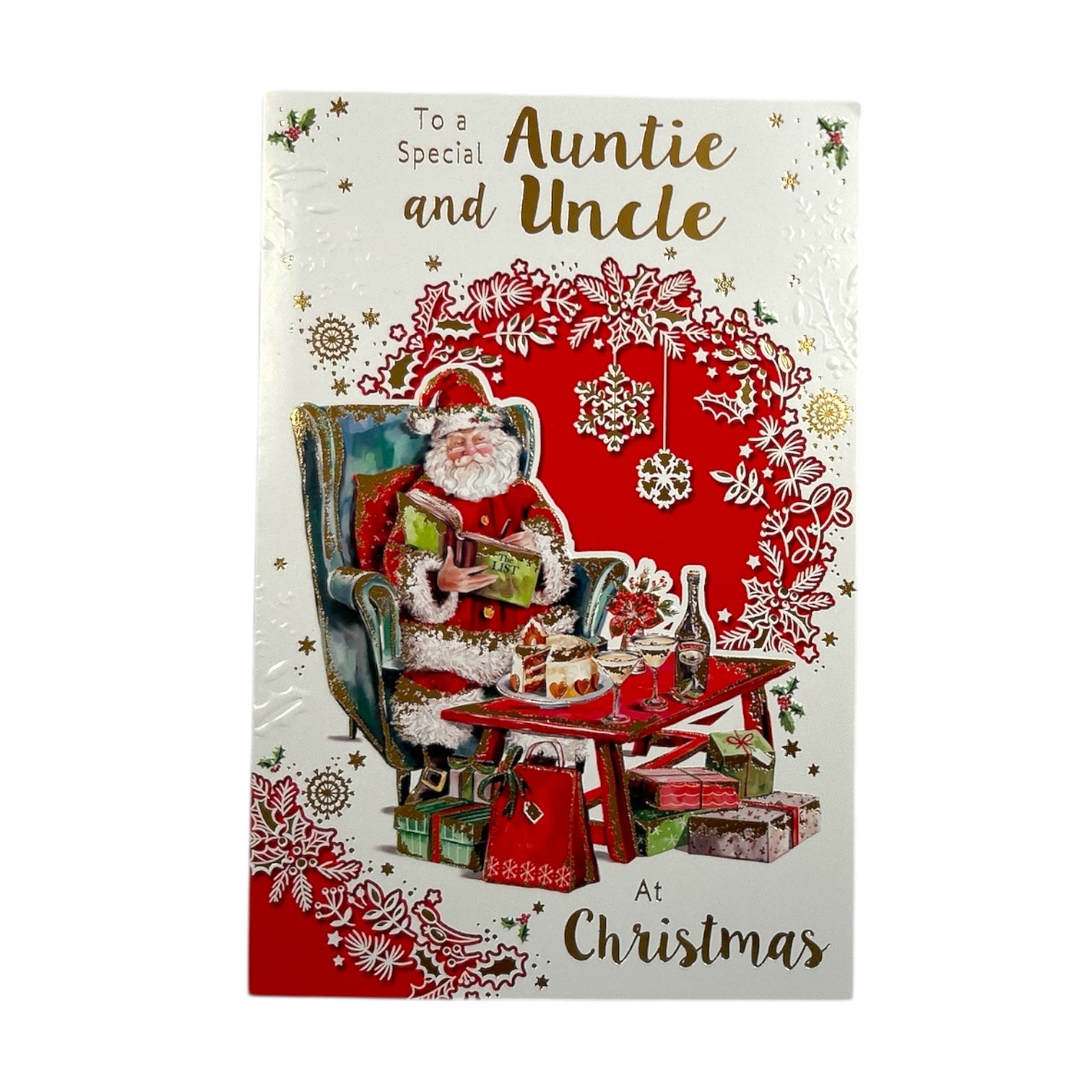 Santa Reading Book Design To Special Auntie and Uncle Christmas Card