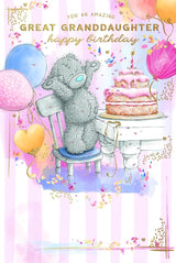 Bear Stood On Chair By Cake Celebration Great Granddaughter Birthday Card