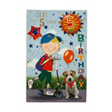 Son Age 5 Boy Riding A Scooter Juvenile Birthday Card With Badge
