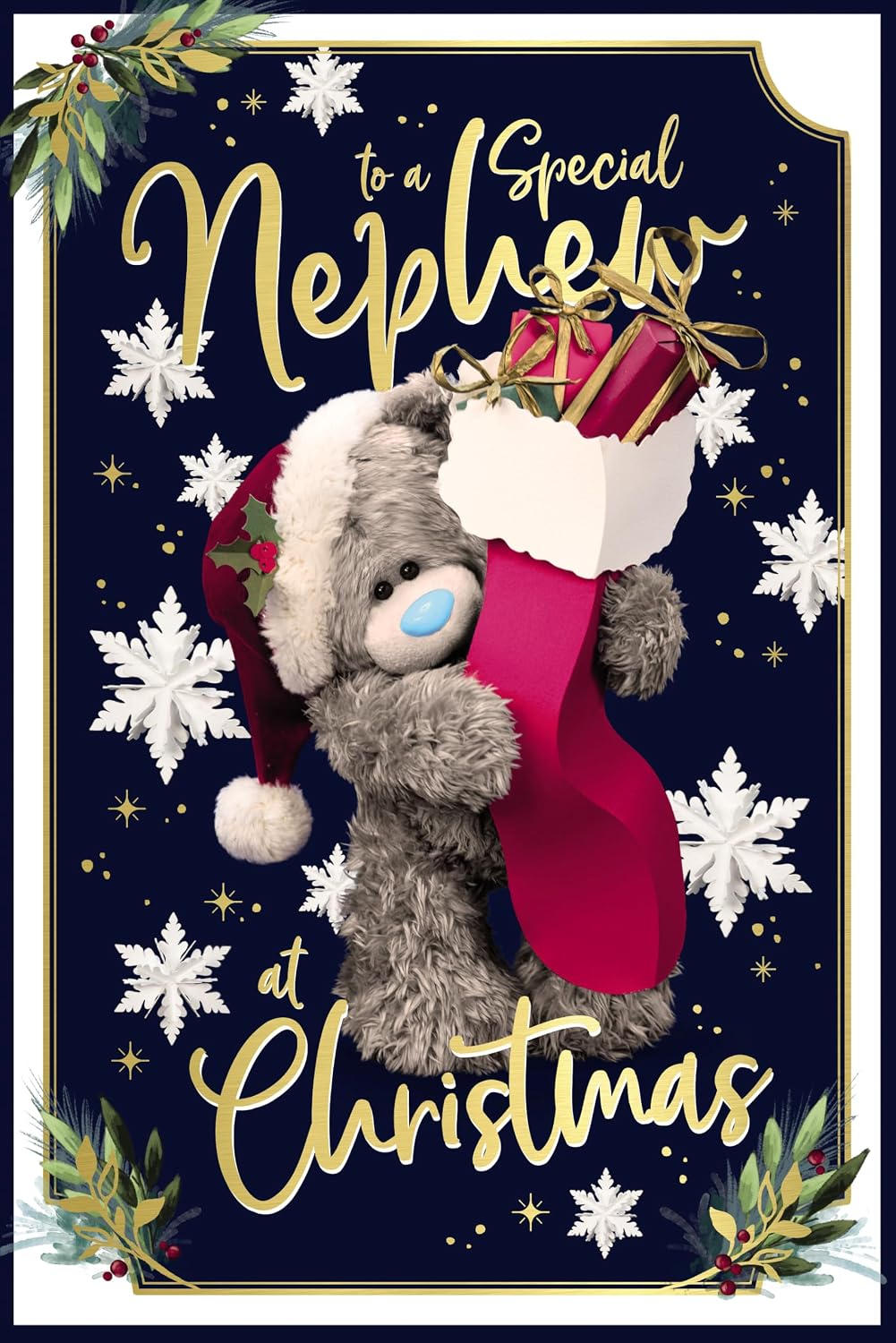 Bear Holding A Stocking Full Of Presents Special Nephew Photo Finish Christmas Card