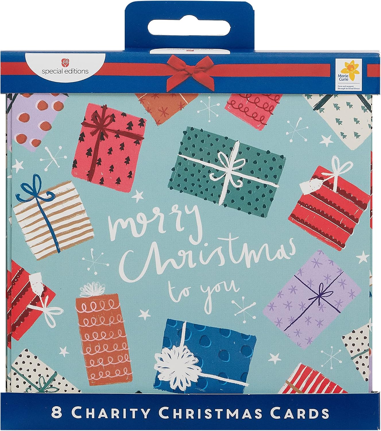 Multipack of 8 Bright Presents Design Charity Christmas Cards with Envelope