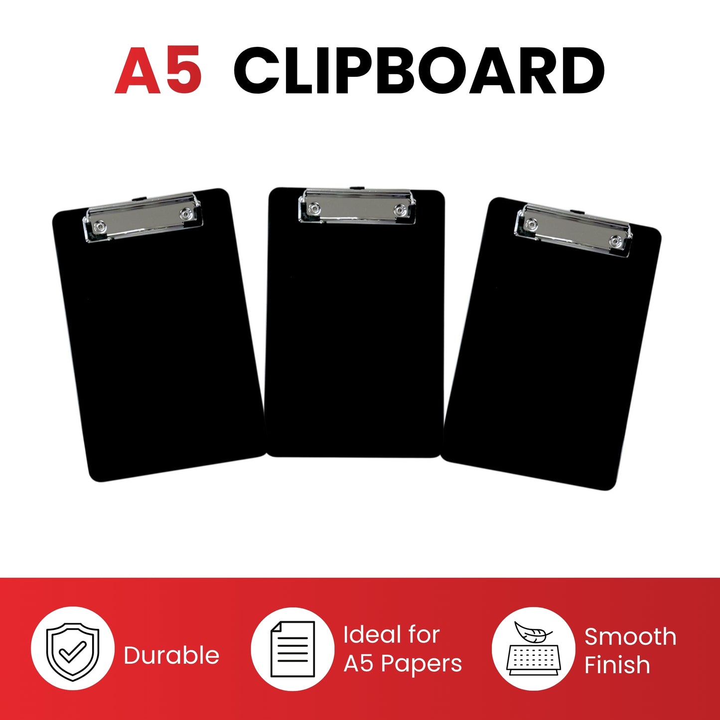 A5 Black Solid Plastic Clipboard - with Ruled Side