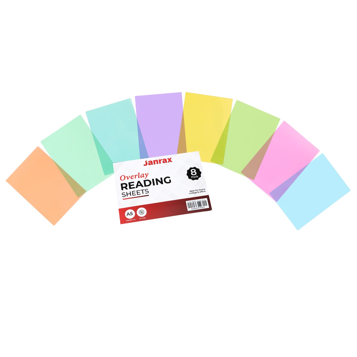Pack of 8 A5 Plain Assorted Coloured Dyslexia Overlay Reading Sheets – PET Material, Rounded Corners