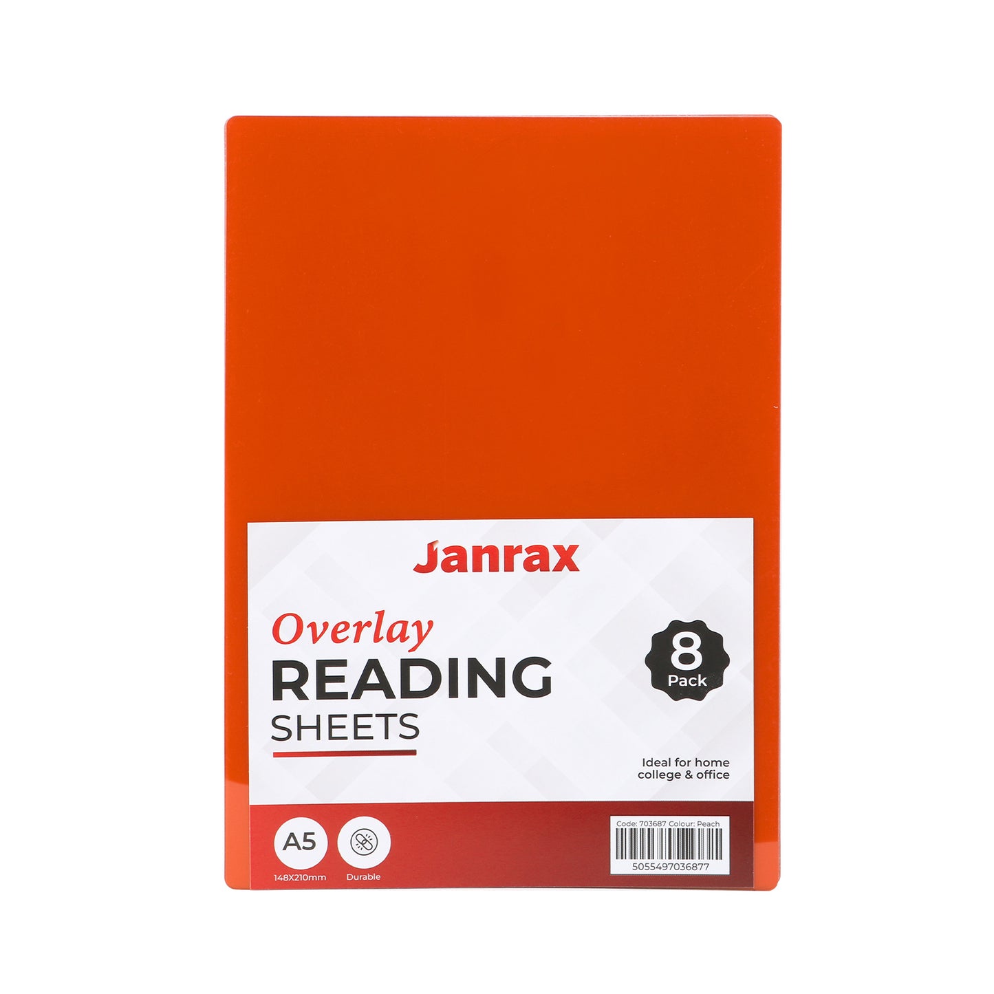 Pack of 8 A5 Plain Peach Dyslexia Overlay Reading Sheets – PET Material, Rounded Corners
