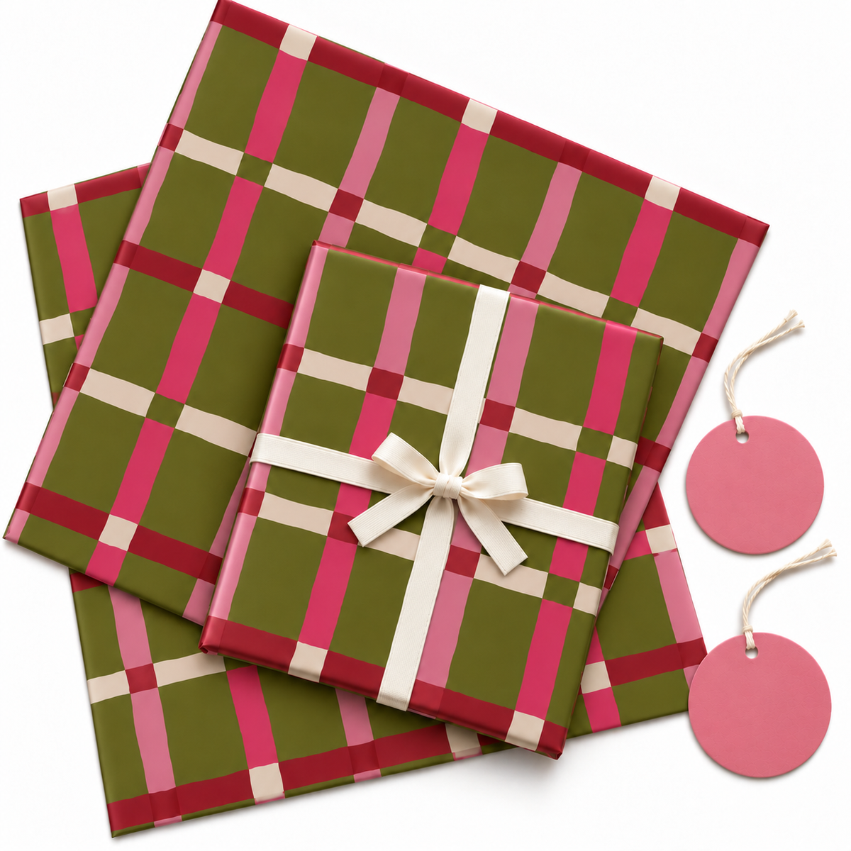 Pack of 2 Meadow Check Design 50 x 70 cm Gift Wrap Sheets with 2 Tags - Christmas Valentine’s Mother's Day Birthdays Everyday Celebrations