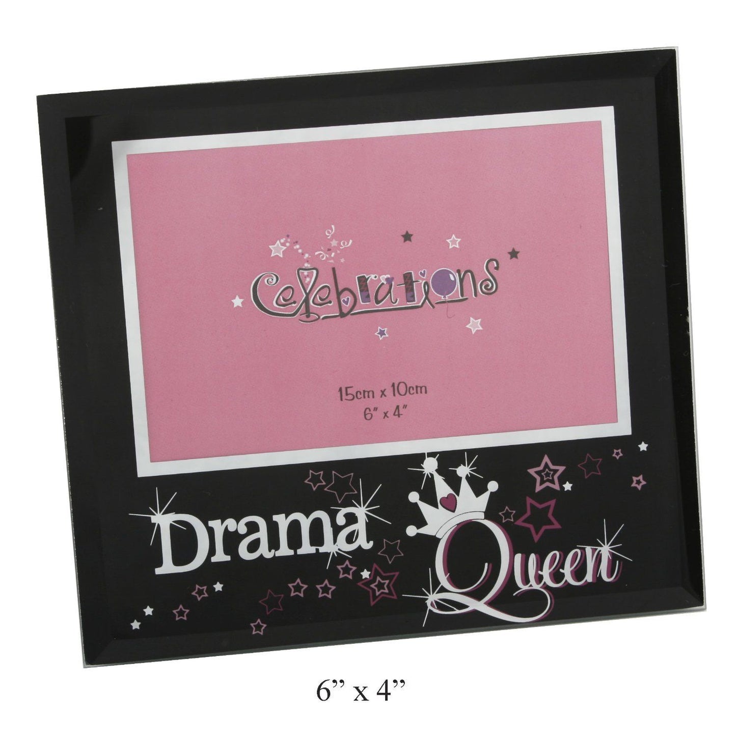 Celebrations Glass Photo Frame In Black With The Word "DRAMA QUEEN" In Mirror effect