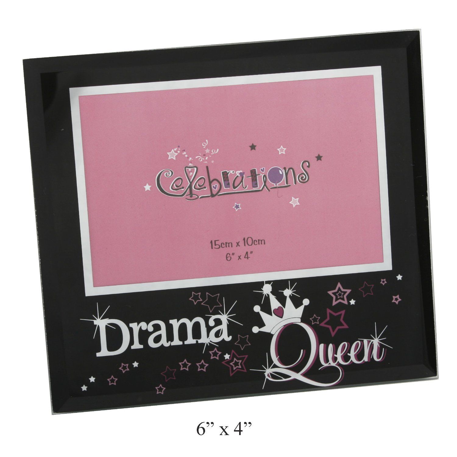 Celebrations Glass Photo Frame In Black With The Word "DRAMA QUEEN" In Mirror effect