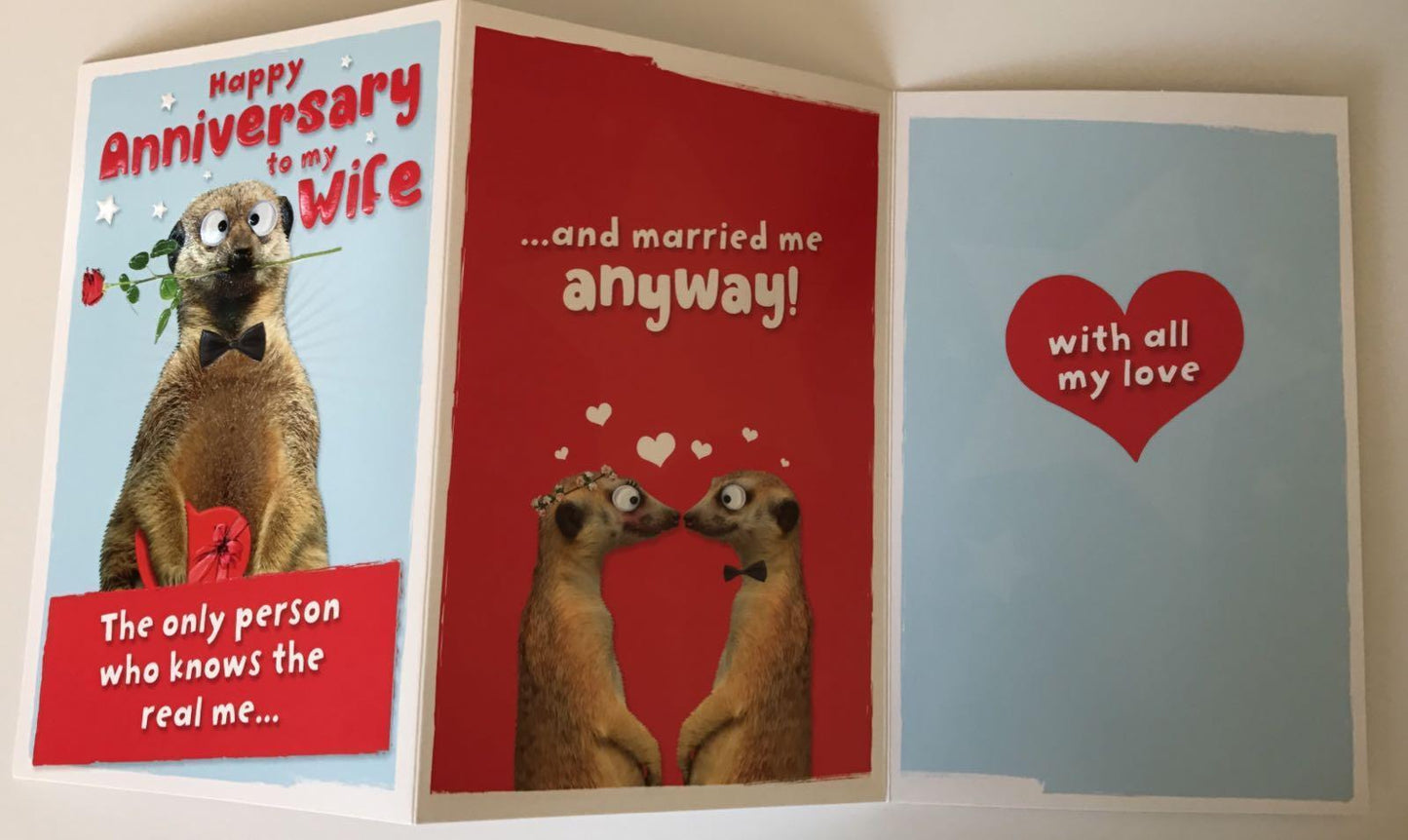 UK Greetings Wife Anniversary Fold Out Greetings Card Meerkat 8.25" x 5.25" Code 407132--1 