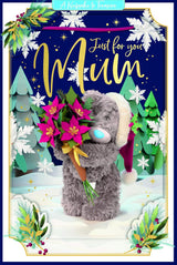 Bear Holding Poinsettia Bouquet Mum 3D Christmas Keepsake Card