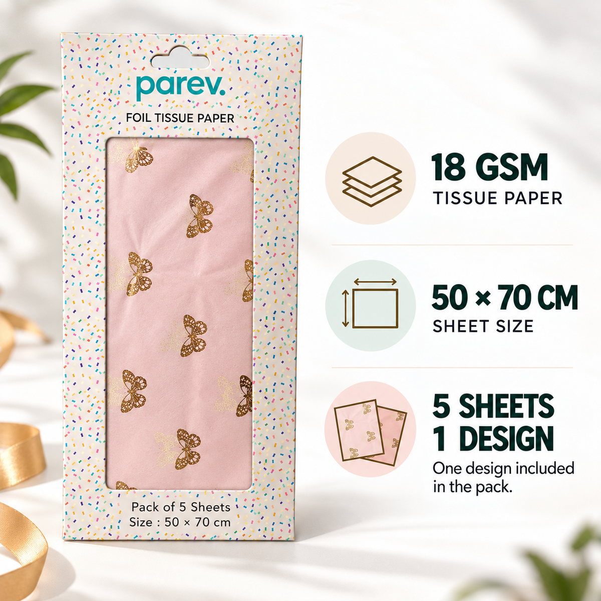 Pack of 5 Fluttering Butterflies Design 50 x 70 cm Luxury Gold Foil Tissue Sheets - Summer, Holiday, Spring