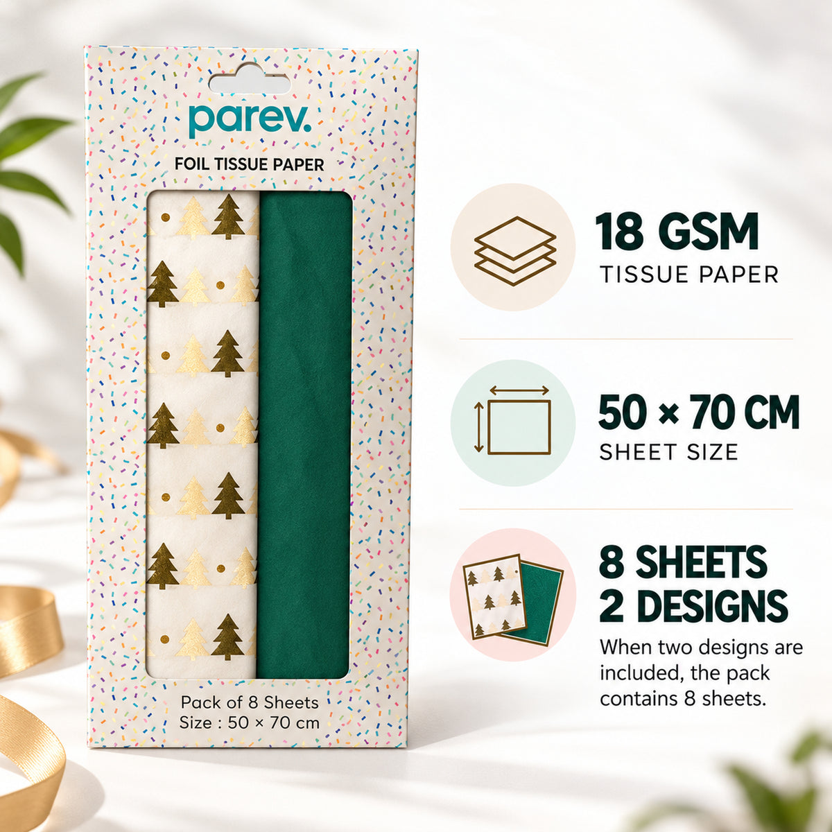 Pack of 8 Christmas Tree Dots Luxury Gold Foil Design & Plain Dark Green 50 x 70 cm Tissue Sheets