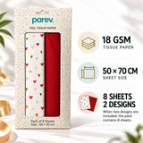 Pack of 8 Valentine Elegance Hearts Luxury Red Foil Design & Plain Red 50 x 70 cm Tissue Sheets - Christmas Valentine's Wedding Birthday