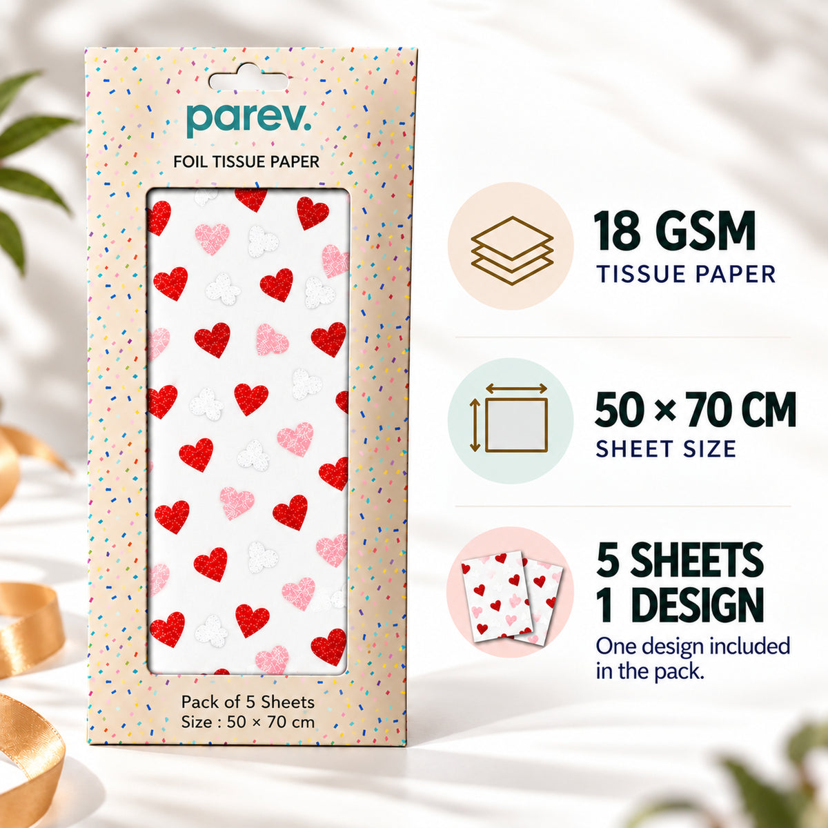 Pack of 5 Classic Hearts Design 50 x 70 cm Luxury Red Foil Tissue Sheets - Valentine, Wedding, Anniversary