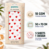 Pack of 5 Classic Hearts Design 50 x 70 cm Luxury Red Foil Tissue Sheets - Valentine, Wedding, Anniversary