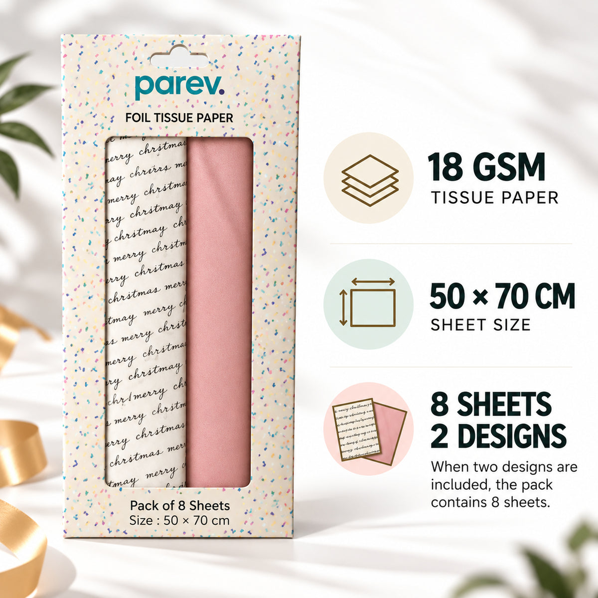 Pack of 8 Merry Christmas Script Luxury Silver Foil Design & Plain Pink 50 x 70 cm Tissue Sheets