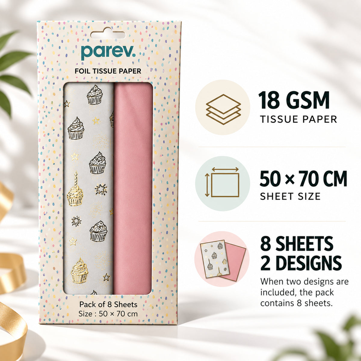 Pack of 8 Sweet Celebration Luxury Silver Foil Design & Plain Pink 50 x 70 cm Tissue Sheets - Birthday, Cake, Girls