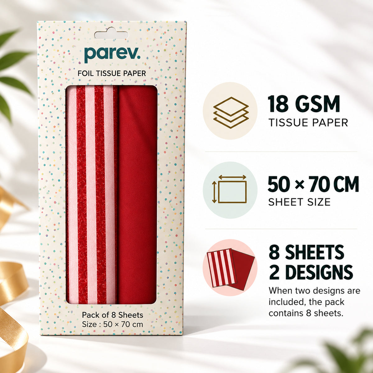 Pack of 8 Classic Horizon Band Luxury Red Foil Design & Plain Red 50 x 70 cm Tissue Sheets - Christmas, Valentine