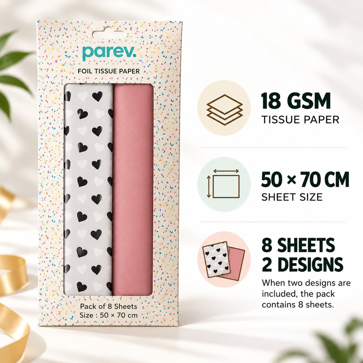Pack of 8 Classic Hearts Luxury Foil Design & Plain Pink 50 x 70 cm Tissue Sheets - Valentine Romantic Gifting Birthdays Everyday Occasions