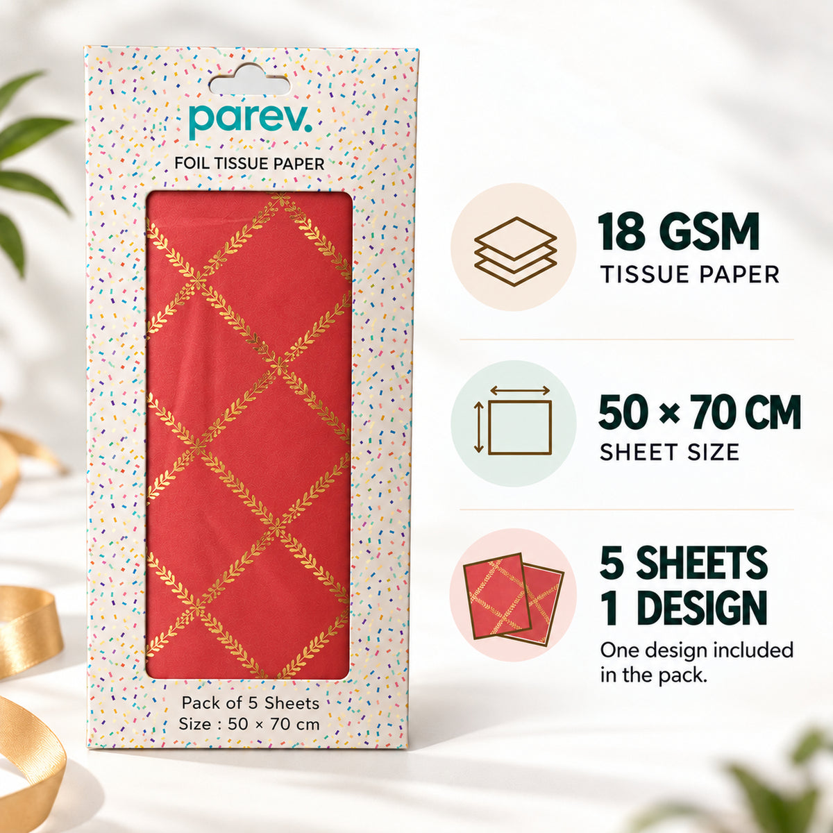 Pack of 5 Red Leaf Lattice Frame Design 50 x 70 cm Luxury Gold Foil Tissue Sheets - Christmas, Valentine