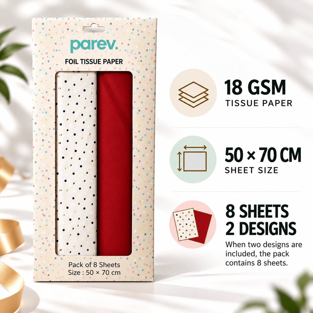 Pack of 8 Confetti Dots Luxury Red Foil Design & Plain Red 50 x 70 cm Tissue Sheets - Christmas, Valentine