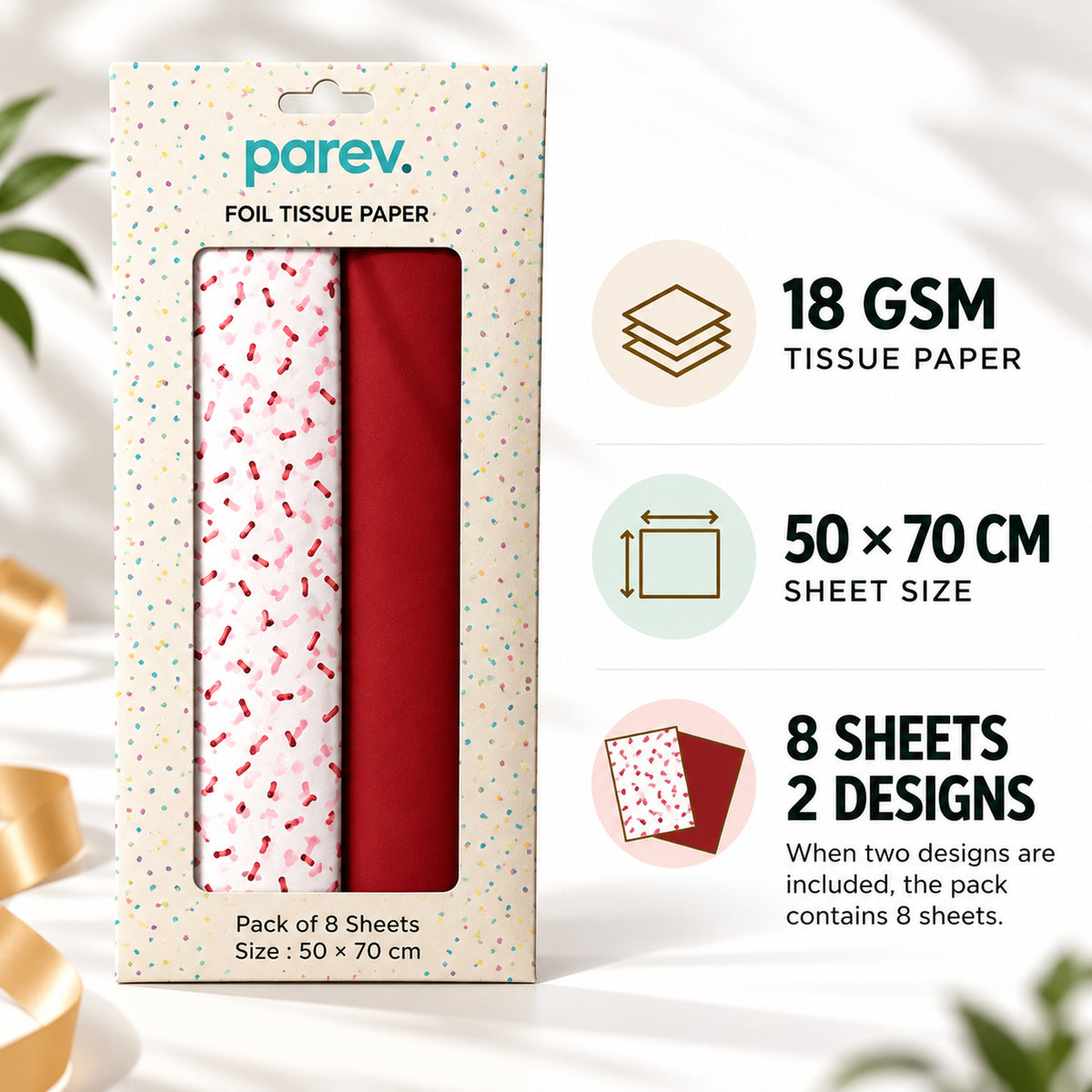 Pack of 8 Sprinkle Confetti Luxury Red Foil Design & Plain Red 50 x 70 cm Tissue Sheets - Christmas, Valentine, Birthday
