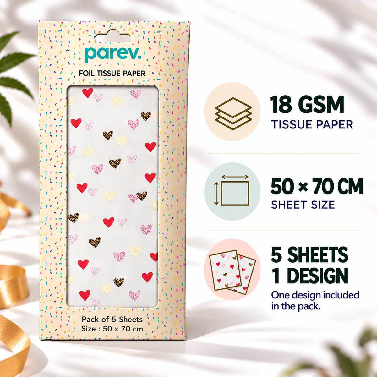 Pack of 5 Valentine Elegance Hearts Design 50 x 70 cm Luxury Red Foil Tissue Sheets - Wedding, Anniversary
