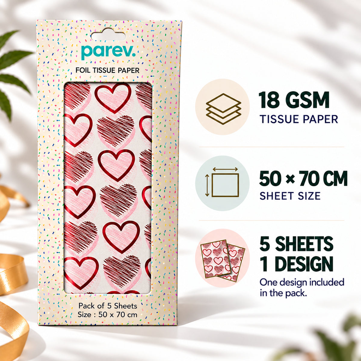 Pack of 5 Heart Medley Design 50 x 70 cm Luxury Red Foil Tissue Sheets - Valentines, Anniversary, Wedding